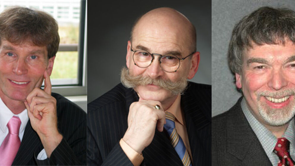 Foto (v. l.): Präsident Prof. Dr. Nikolaus Risch, Kanzler Jürgen Plato,  und Prof. Dr. Wilfried Hauenschild