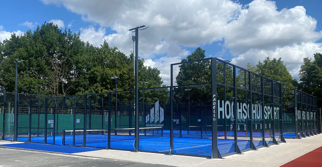 Exterior view of the padel facility on the sports campus of the Paderborn University.  