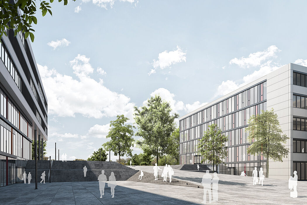 Visualisierung (BLB): Die Gestalt des Gebäudes orientiert sich am benachbarten und bereits 2013 fertiggestellten Gebäude Q. Beide Bauten prägen das Erscheinungsbild des Haupteingangs der Universität Paderborn.
