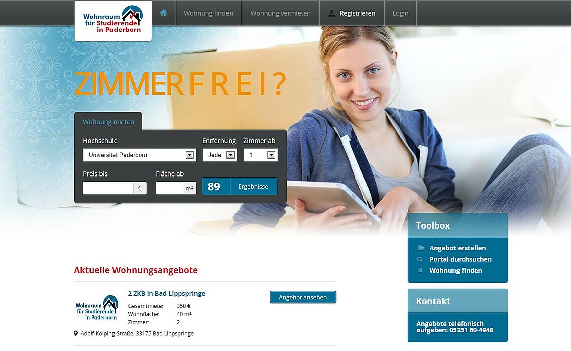 Abbildung (Universität Paderborn): Die Startseite des Internetportals „Wohnraum für Studierende“ ist für Wohnungsanbieter und -suchende leicht zu bedienen.