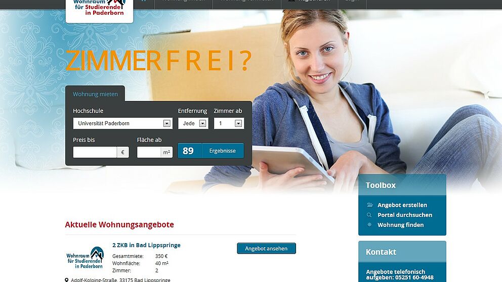 Abbildung (Universität Paderborn): Die Startseite des Internetportals „Wohnraum für Studierende“ ist für Wohnungsanbieter und -suchende leicht zu bedienen.