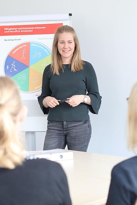 Foto (Cinderella Welz, Universität Paderborn): Annkatrin Buchen von der Zentralen Studienberatung erklärt Teilnehmern des Workshops den Talentkompass NRW.