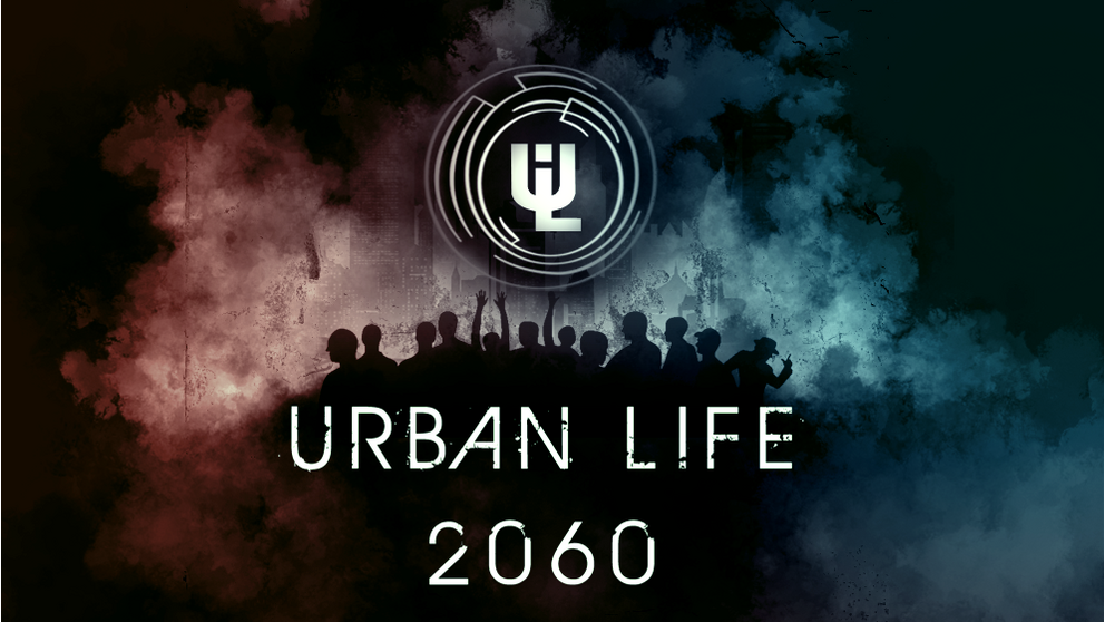 Screenshots: Ansichten einer Spieler-Wohnung, einer Stadt und eines Stadtteils, außerdem das "Urban Life-Logo"