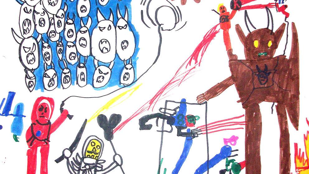 Abbildung: „Masters oft he Universe“. Filzstiftzeichnung (A3), Junge (5 Jahre alt), Copyright Christoph Scholter.