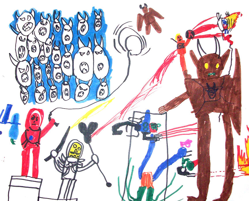 Abbildung: „Masters oft he Universe“. Filzstiftzeichnung (A3), Junge (5 Jahre alt), Copyright Christoph Scholter.