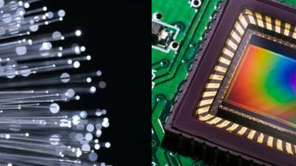 Abbildungen: Die Objekte des diesjährigen Physik-Nobelpreises: Glasfasern und CCD-Bildsensor.