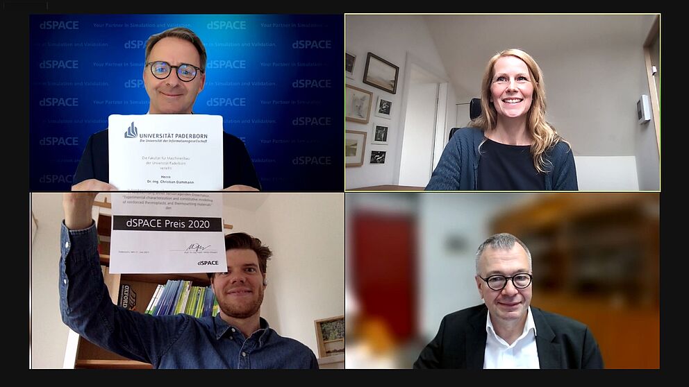 Foto: Verleihung des dSPACE Preises 2020 für die beste Dissertation der Fakultät für Maschinenbau: Bernd Schäfers-Maiwald (dSPACE), Maren Vahrenhorst (PR), Dr. Christian Dammann (Preisträger), Prof. Dr.-Ing. Werner Homberg (Prodekan)