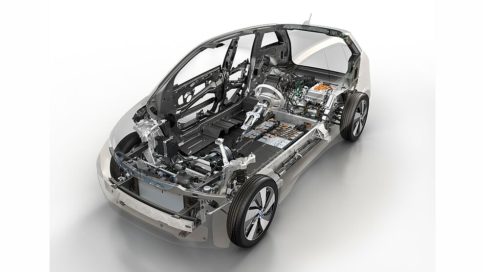 Foto (Quelle: BMW): Hybridsysteme in der automobilen Anwendung: Der elektrisch angetriebene BMW i3 mit einer Karosserie aus Kohlenstofffaser-Verbundwerkstoffen, einem geschweißten Aluminiumrahmen und Kunststoffteilen in der Außenhaut.