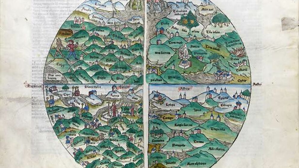 Abbildung: Weltkarte, Rudimentum Novitiorum, Lübeck: Lucas Brandis, 1475 (Rostock, Universitätsbibliothek, Rb 90, fol. 74v-75r)