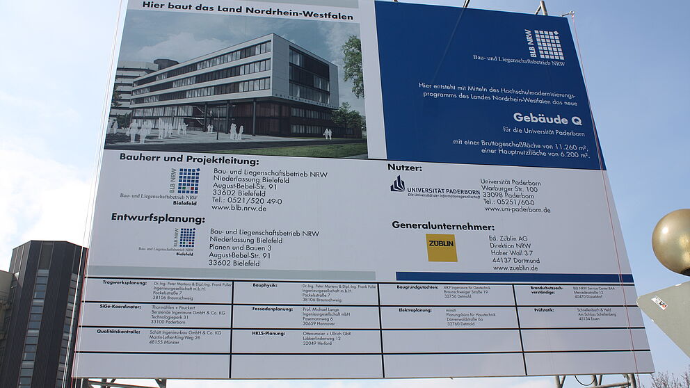 Das Bauschild für Neubau Q wurde am heutigen Mittwoch, 21.3.2012, symbolisch zum Beginn der Bauarbeiten enthüllt.