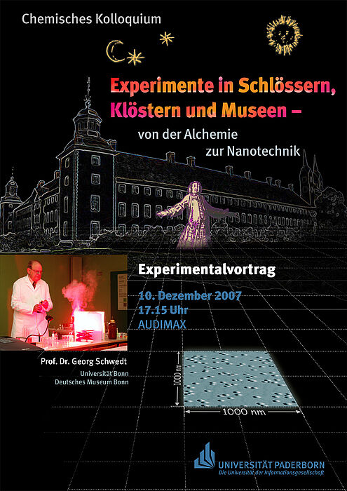 Plakat: Traditionelle „Weihnachtsvorlesung“ des Departments Chemie der Universität Paderborn. Prof. Dr. Georg Schwedt von der Universität Bonn zeigt Experimente von der Alchemie bis zur modernen Nanotechnik.