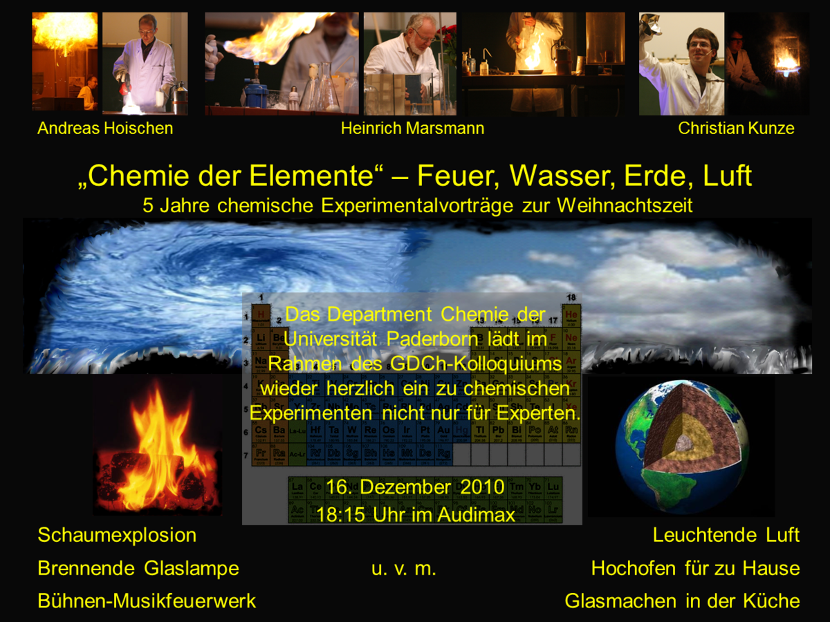 Universitat Paderborn News Item Weihnachtsvorlesung Der Chemiker An Der Universitat Paderborn Am 16 12 18 15 Uhr Im Audimax Chemie Der Historischen Elemente Feuer Wasser Erde Luft