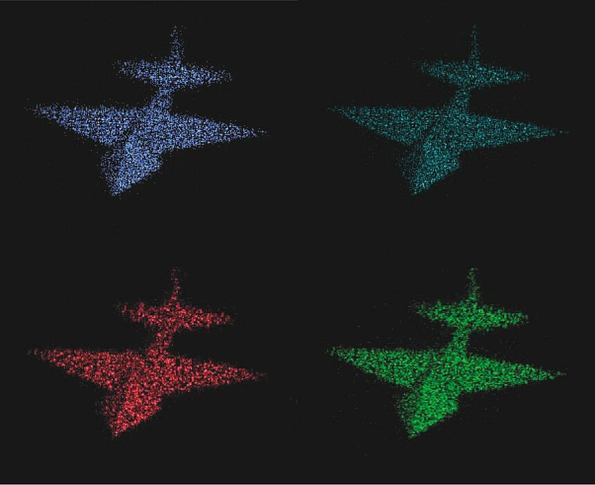 Abbildung (Department Physik): Dreidimensionales Bild eines kleinen Flugzeugs in verschiedenen Farben.
