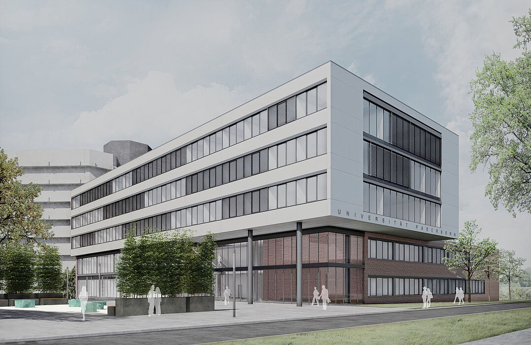 Und so soll es aussehen: Entwurf von Gebäude Q mit künstlerischer Vorplatzgestaltung.