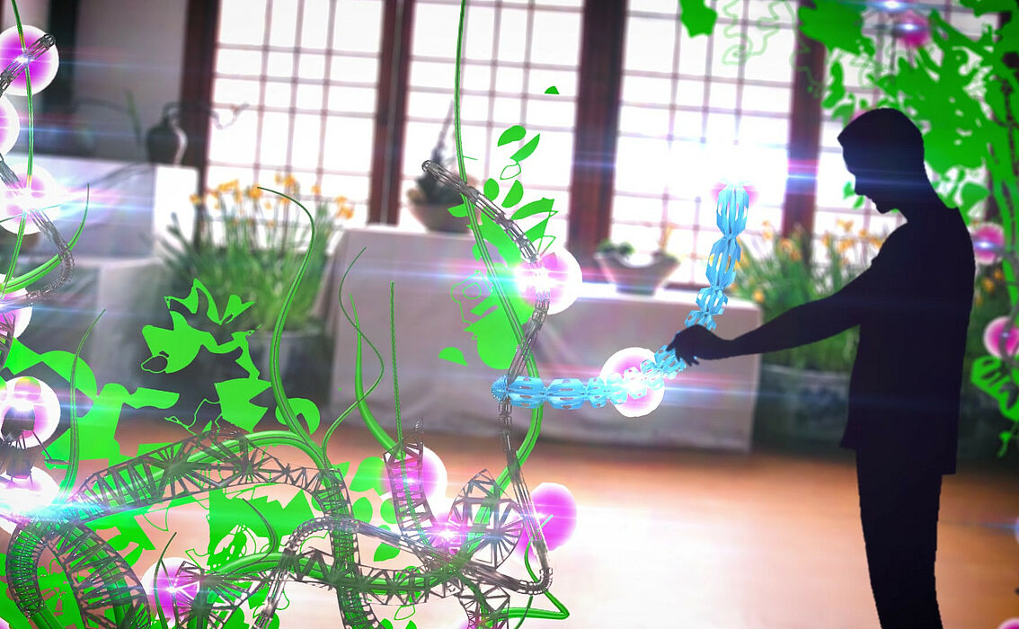 Grafik (Universität Paderborn): Vision des Forschungsprojektes „flora robotica“: Biohybride Gesellschaften aus Pflanzen und Robotern sollen künftig Lebensraum gestalten.