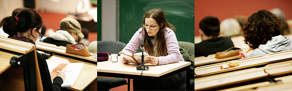 A book reading in auditorium G