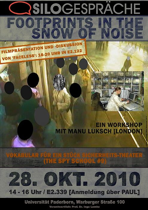 Abbildung: Flyer zum Workshop „Footprints in the Snow of Noise. Vokabular für ein Stück Sicherheits-Theater (The Spy School #9)"