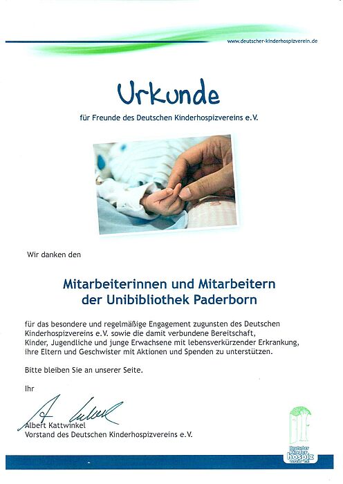 Abbildung: Urkunde vom Deutschen Kinderhospizverein