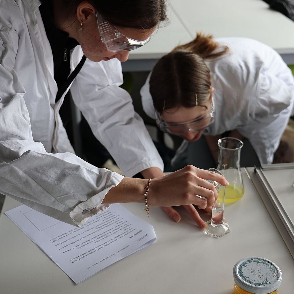 Studierende führen einen chemischen Versuch im Labor durch