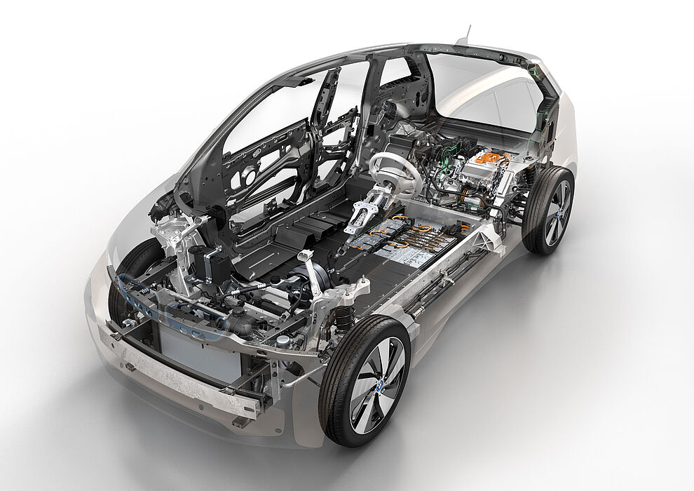 Foto (Quelle: BMW): Hybridsysteme in der automobilen Anwendung: Der elektrisch angetriebene BMW i3 mit einer Karosserie aus Kohlenstofffaser-Verbundwerkstoffen, einem geschweißten Aluminiumrahmen und Kunststoffteilen in der Außenhaut.