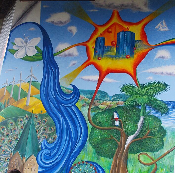 Foto (Universität Paderborn, Martin Decking): Auch die Gebäude der Universität Paderborn finden sich im Wandbild des kubanischen Künstlers Abel Morejón Galá wieder.