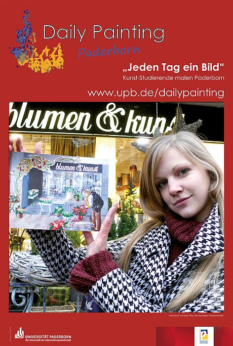 Abbildung: Vera Buck auf einem Plakat mit einem ihrer Bilder vor dem Motiv.