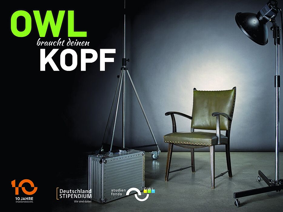 Abbildung: Anzeigenmotiv „OWL braucht Deinen Kopf“ – So bewirbt die Stiftung Studienfonds in Schulen und Hochschulen die neue Bewerbungsphase.
