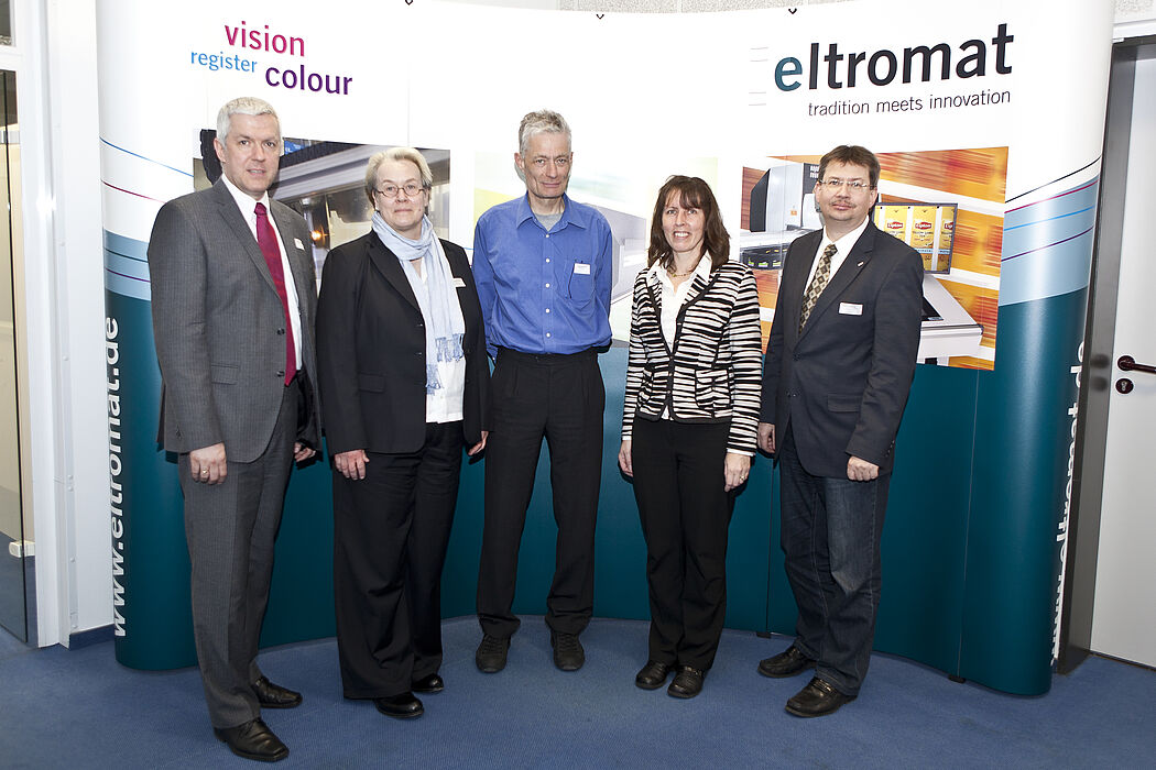 Foto (Universität Paderborn): Die Vortragenden (vlnr): Dirk Völlmecke (eltromat), Prof. Dr. Bärbel Mertsching (GET Lab), Dr. Reinhard Borst (ELTEC AG) , Dr. Elke Radeke (Incony AG), Prof. Dr. Volker Lohweg (Institut für industrielle Informationstechni