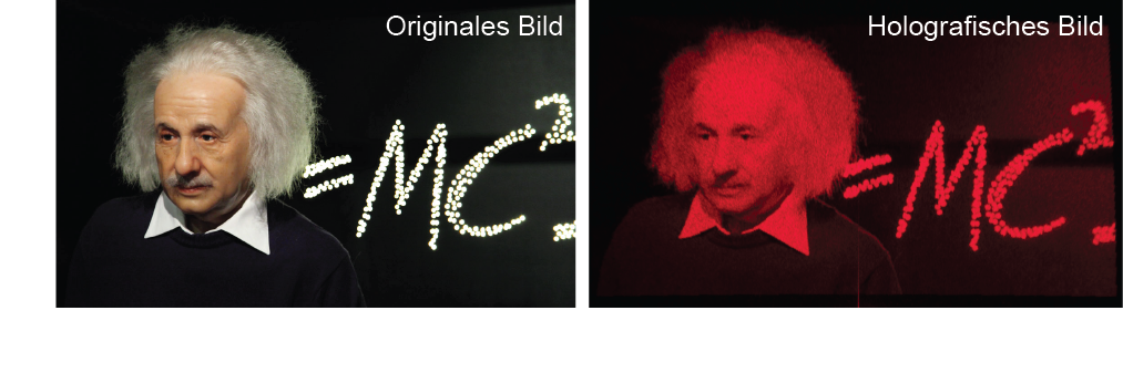 Foto (Universität Paderborn): Holografische Abbildung von Albert Einsteins Portrait mittels neuartiger Hologramm-Struktur. Links im Bild das Original (Quelle: http://publicdomainpictures.net), welches mittels eines Computeralgorithmus in ein Hologramm co