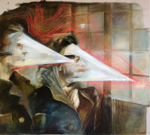 Surveillance, 110 x 98 cm, Öl auf Leinen, Maschinenstickerei, 2014