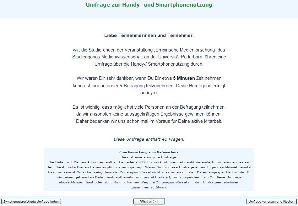 Abbildung: Eingangsseite der Online-Umfrage zur Handy- und Smartphonenutzung